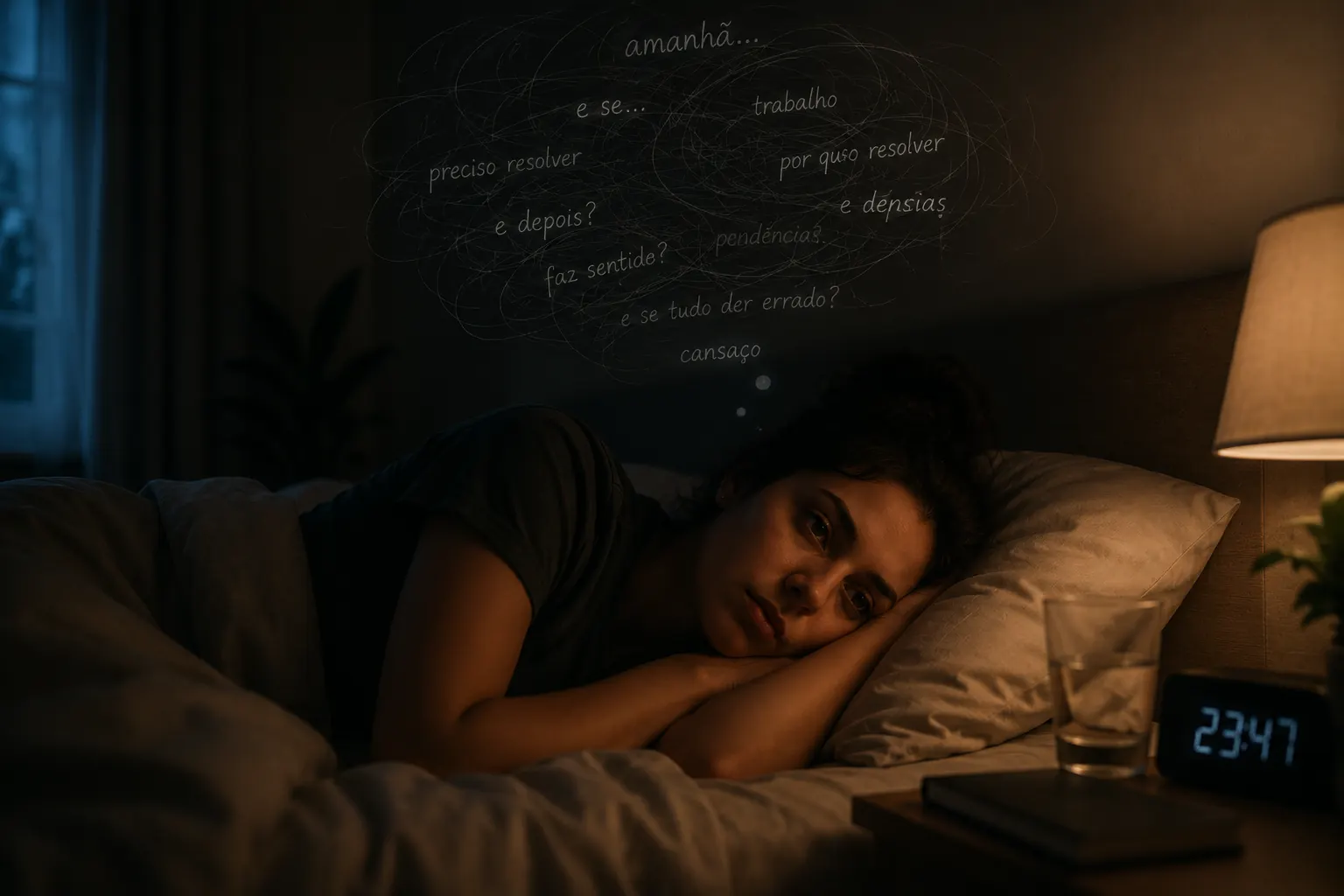 Mulher acordada na cama à noite sem conseguir desligar a mente